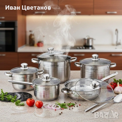 Комплект съдове за готвене 12 части Cheffinger, с индукционно дъно и стъклени капаци