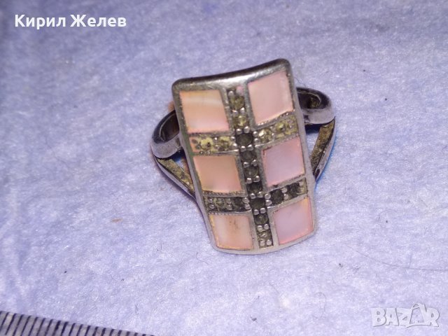 СРЕБЪРЕН СЕДЕФЕН АРТ ПРЪСТЕН СРЕБРО 925 с ШЛИФОВАН РОЗОВ СЕДЕФ и МАРКАЗИТИ - ЧАСТ от КОПЛЕКТ 27694, снимка 8 - Пръстени - 41638263