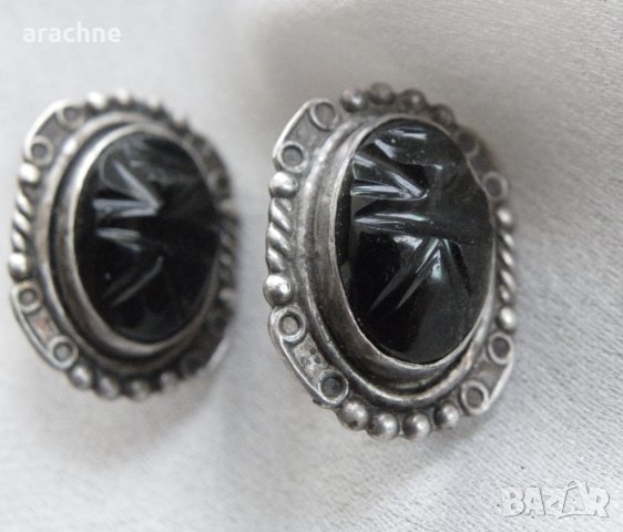 Антикварни сребърни мексикански обици с инталии от обсидиан, снимка 5 - Обеци - 40311343