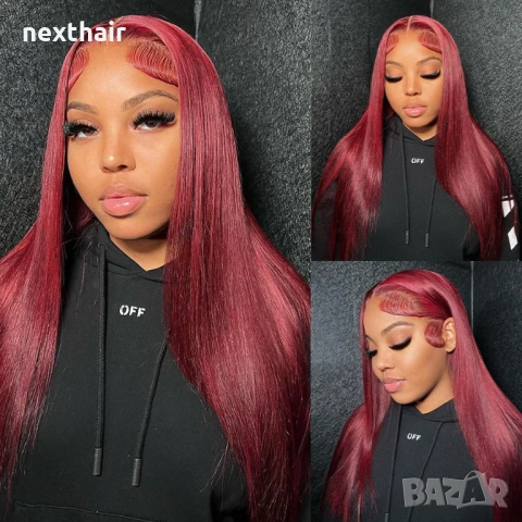 Естествена дантелена перука 80 см - 200% плътност, 13x6 Lace, бургунди тъмно червена права коса, снимка 2 - Аксесоари за коса - 53118020