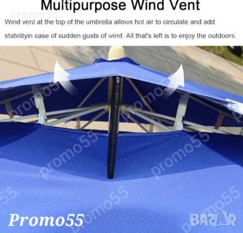 Чадър за плаж и градина - 220см. с двоен покрив за стабилност при вятър, снимка 9 - Градински мебели, декорация  - 49657228