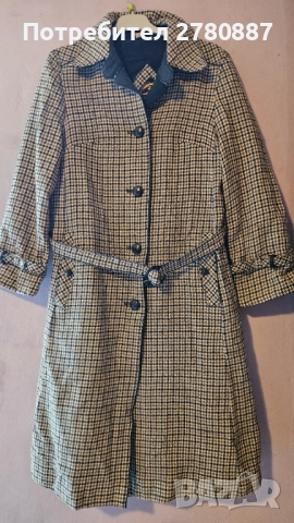 Дамско дълго есенно палто с колан- син пепит М