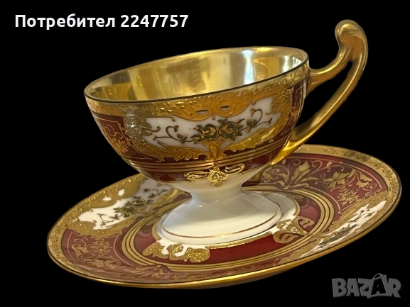Порцеланова чаша с чинийка – F.M.C. handgemalt, ръчно рисувана, позлата, снимка 2 - Чаши - 51482749