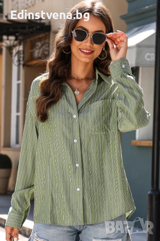 Дамска риза на райе в зелено с дълъг ръкав и свободна кройка, снимка 1