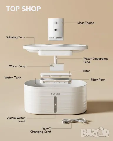 Faroro Котешки фонтан за пиене, 2,5 л, със сензор за движение, с 5000 mAh батерия, без BPA, бял, снимка 9 - За котки - 49629102