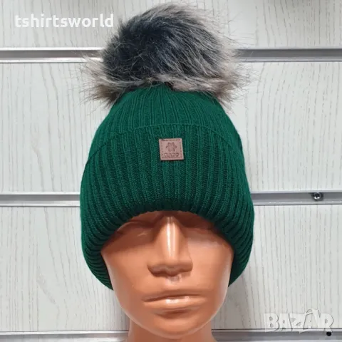 Нова зимна топла дамска шапка Silver Star в зелен цвят с пух/помпон