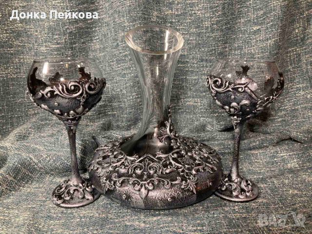 Ръчно изработен сервиз от 3 части - декантер с две чаши в сребро, снимка 1 - Декорация за дома - 41700345