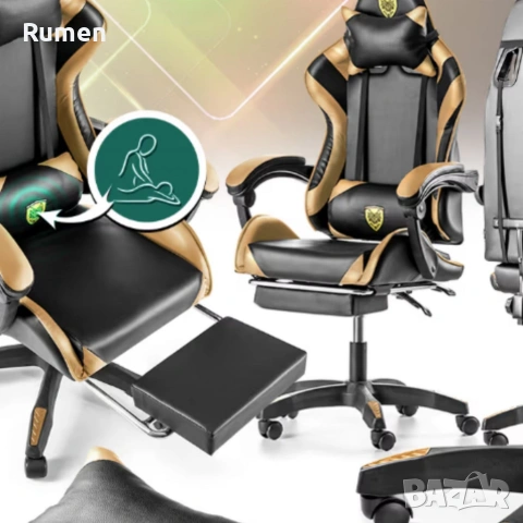 Черен геймърски стол с златисти акценти и разтегляема поставка за крака , снимка 3 - Столове - 53238169
