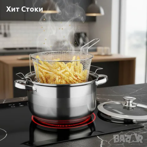 Тенджера с кошница за пържене и стъклен капак Cheffinger  Ø24 см – инокс, 6,5 л, за всички котлони