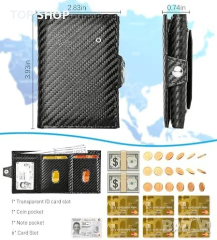 Ново Тънко карбоново портмоне с RFID блокировка и локатор iOS Find My и RFID защита Мъжки портфейл, снимка 2 - Портфейли, портмонета - 49723883
