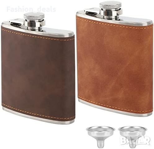 Нови 2 броя бутилки за уиски от неръждаема стомана кожена обвивка Подарък Мъже Жени