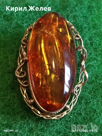 Винтидж сребърна брошка с БАЛТИЙСКИ КЕХЛИБАР ювелирна изработка 27287, снимка 2 - Колиета, медальони, синджири - 52960737