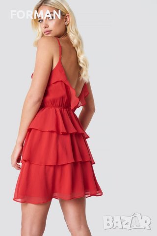 Червена рокля на волани с изрязан гръб ХХС размер , снимка 2 - Рокли - 41349057