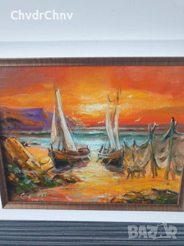 Димитър Генев 33x27см/малка българска картина масло върху платно/морски пейзаж/рибарски лодки-мрежи, снимка 2 - Картини - 51153050
