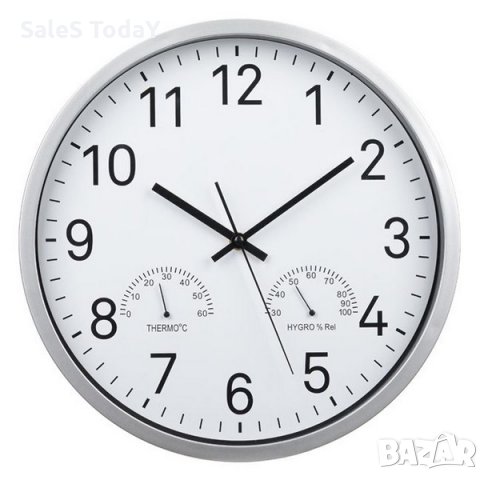 Стенен часовник, Сребрист, 3 Показания на час, температура и влажност,, 34 x 4.5 cm, снимка 1 - Стенни часовници - 35799887