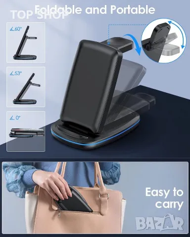 Безжично зарядно устройство 3 в 1, сгъваема станция за бързо зареждане,Samsung,iPhone,Huawei,Xiomi, снимка 8 - Безжични зарядни - 48648213