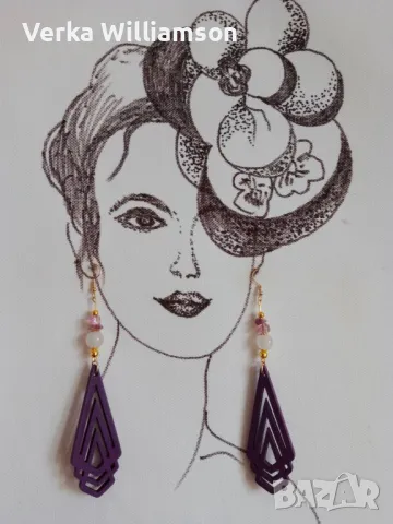 Лилави обици от дърво модел 9, снимка 3 - Обеци - 48331372