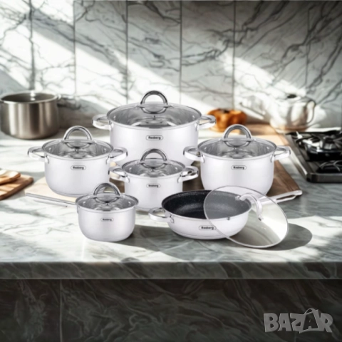 Комплект тенджери Rosberg, Неръждаема стомана, 6 части, Индукция, снимка 2 - Съдове за готвене - 52137475