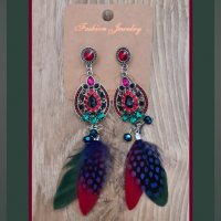 Красиви луксозни цветни обеци с пера и камъни, модел 2, снимка 1 - Обеци - 35842135