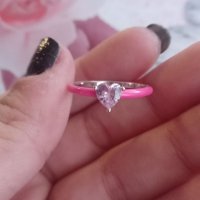 Сребърен пръстен Pink Crystal Heart, снимка 2 - Пръстени - 41123847