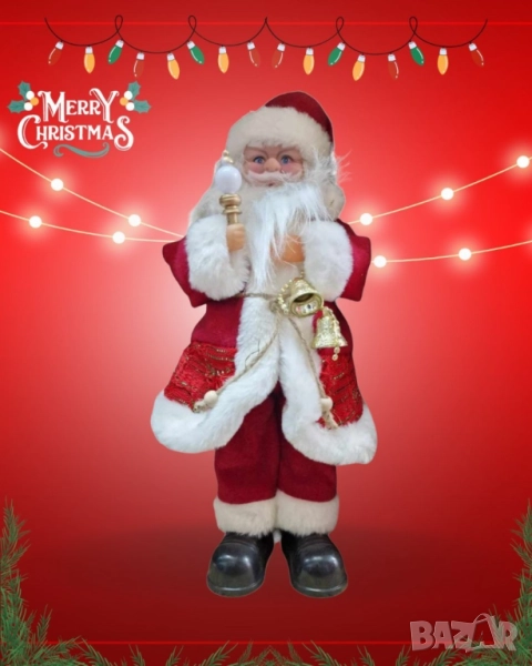 Декоративен Дядо Коледа със светеща факла и камбанки , снимка 1