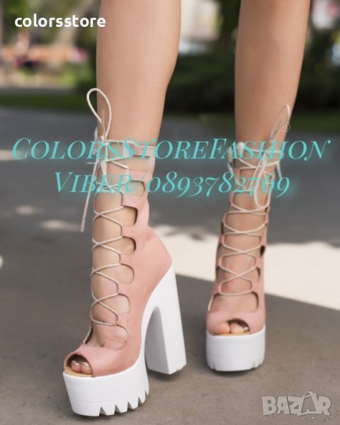 Летни боти на ток - пудра велур - 101, снимка 1