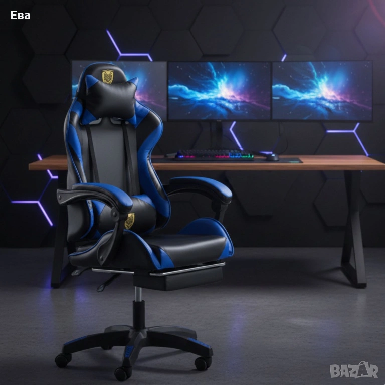 Геймърски стол с поставка за крака - черно-син, въртящ, с масажна функция и спортен дизайн, снимка 1