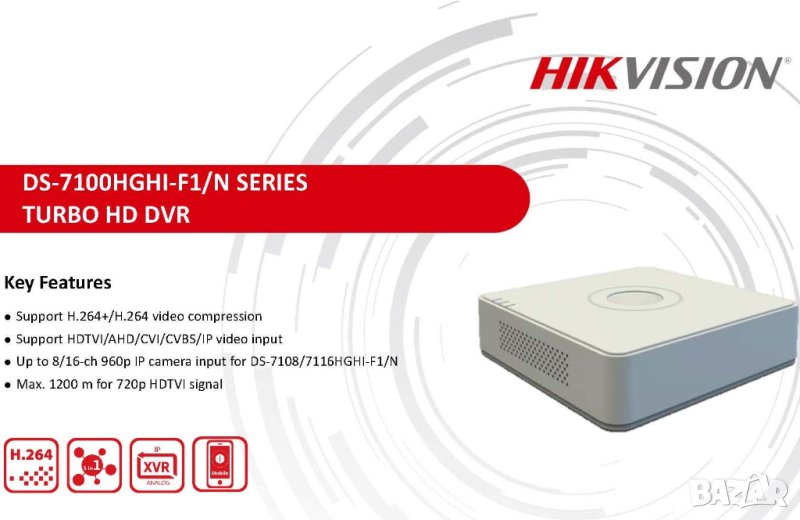 Hikvision DS-7104HGHI-F1 1080P lite H.264+ HD-TVI AHD CVBS 100к/с 4 Канален Хибриден Видеорекордер, снимка 1