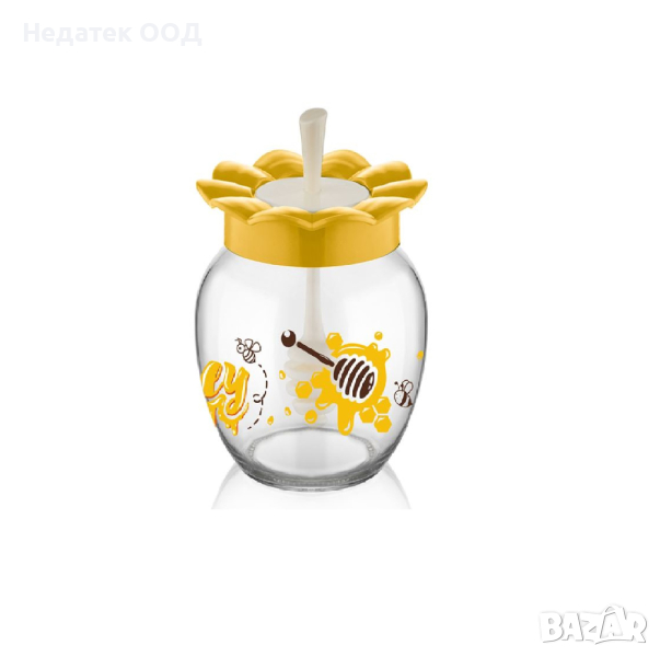 Стъклен буркан за мед, Жълто цвете с лъжица, 370 мл, снимка 1