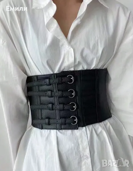 Широк кожен колан за талия - корсет с катарами и ластик р-р S-M, снимка 1