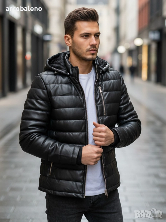 Мъжко черно зимно ватирано кожено яке, снимка 1
