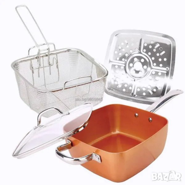 Топ цена! Нов дълбок тиган Copper Pan комплект 6 в 1, Незалепващо Cerami-Tech покритие, снимка 1