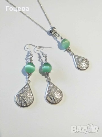 ,Красив Бохо комплект бижута обици и колие с Ябълково зелено Котешко око и орнаменти цвят сребро , снимка 5 - Бижутерийни комплекти - 42273844