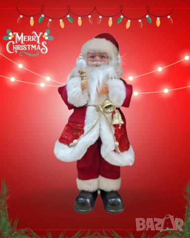 Декоративен Дядо Коледа със светеща факла и камбанки 