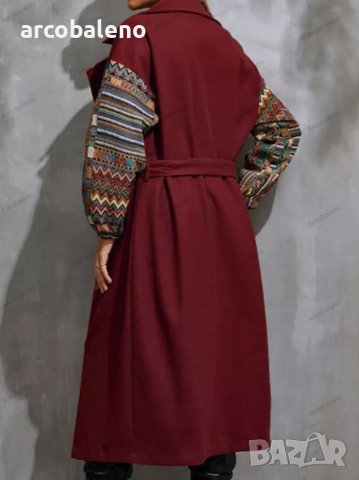 Дамско палто с дълга яка, пачуърк ръкави и връзка на талията отпред, 2цвята - 023, снимка 3 - Палта, манта - 38987028