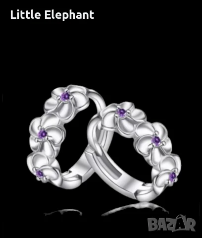 Сребърни обеци халки с цветя,колекция"Flowers",purple/нови, снимка 1