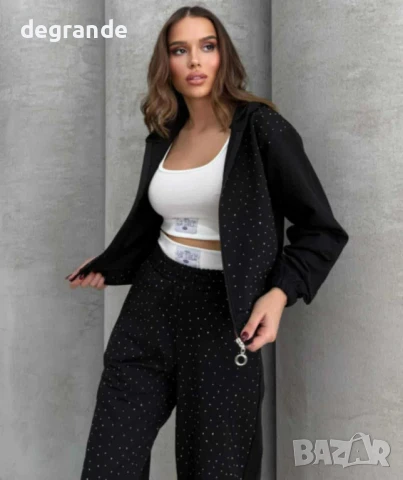 Черен дамски комплект от 3 части с блестящи камъчета