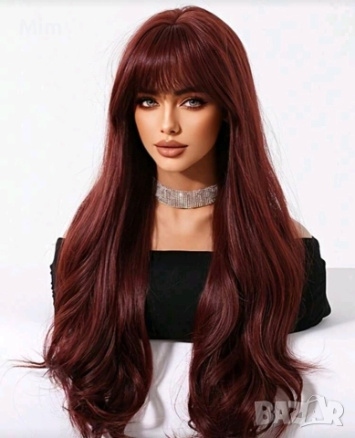 60 см Перука в червено бордо с бретон , снимка 6 - Аксесоари за коса - 52589287