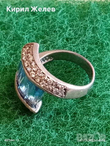 Разкошен Арт Нуво сребърен пръстен с СИН ТОПАЗ и кристали 52507, снимка 3 - Пръстени - 52912046