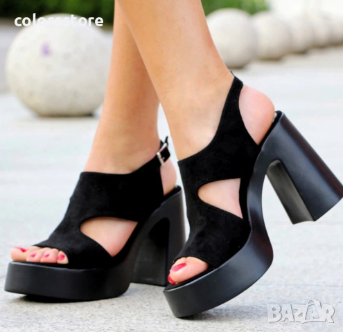 Сандали на ток - черен велур - D366, снимка 2 - Сандали - 44738949