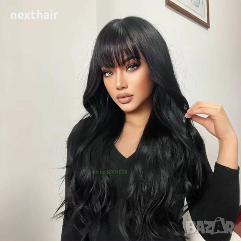 Черна къдрава перука с бретон, снимка 7 - Аксесоари за коса - 51732340