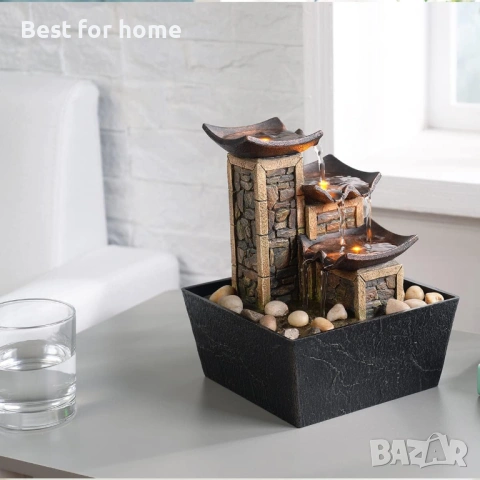 3-степенен фонтан за релаксация на маса, камък, осветен, 6,7 x 6,7 x 8,9 инча, снимка 7 - Други стоки за дома - 53710564