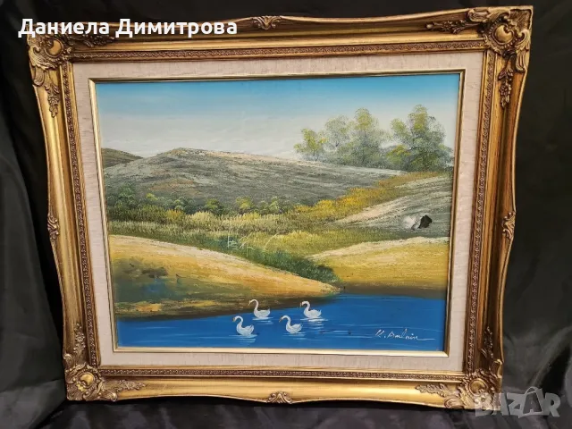 Картина, пейзаж с лебеди и рамка с барокови орнаменти, снимка 2 - Картини - 48405094