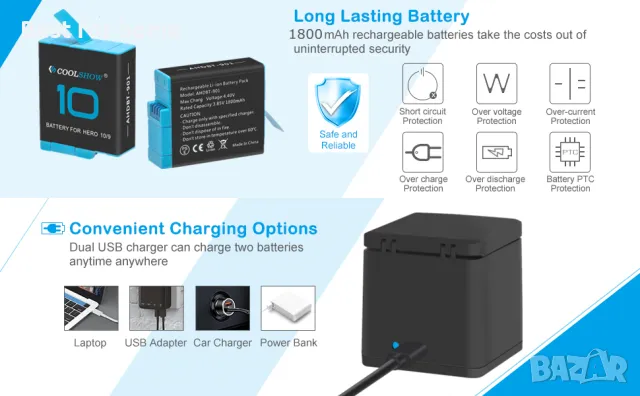 Комплект от 3 батерии GoPro и зарядна кутия COOLSHOW Hero 12/11/10/9-1800mAh , снимка 9 - Батерии, зарядни - 48132225