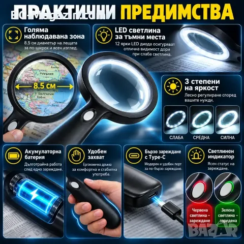 Ръчна лупа 10X с LED, 12 диода и Type-C зареждане, снимка 4 - Други инструменти - 56326926
