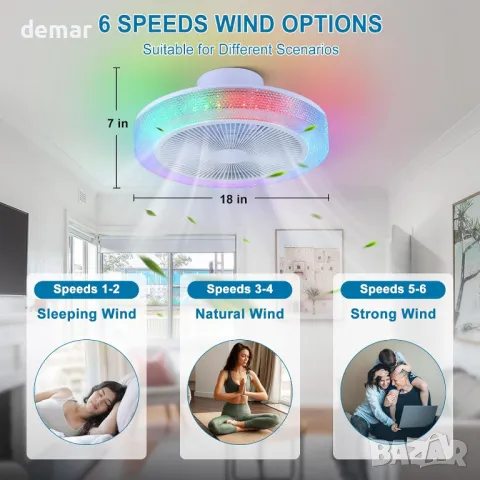 Вентилатор за таван Depuley RGB със светлини, дистанционно, интелигентен, реверсивен, 49 см, снимка 6 - Лед осветление - 47435222