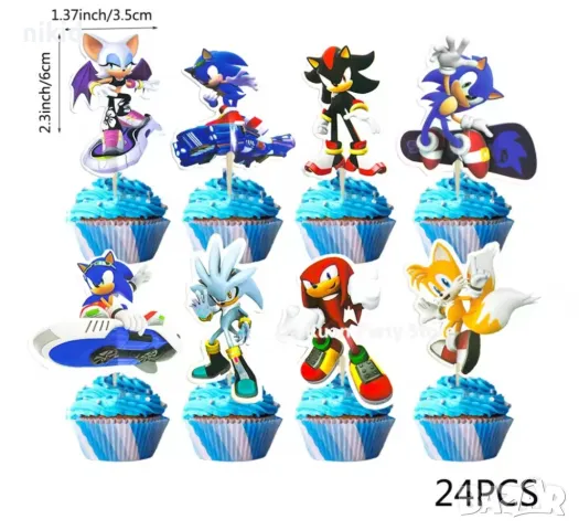 Соник Sonic 24 бр топер топери клечки за мъфини декорация и украса торта, снимка 2 - Други - 29803897