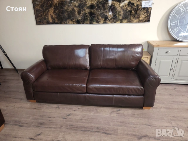 Кафяв кожен комплект дивани четворка и двойка с функция сън, снимка 4 - Дивани и мека мебел - 53755584