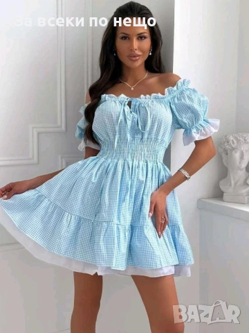 Дамска Къса Кукленска Красива Рокля С Паднали Рамене - Синя Или Розова Код Pink18, снимка 2 - Рокли - 53808674