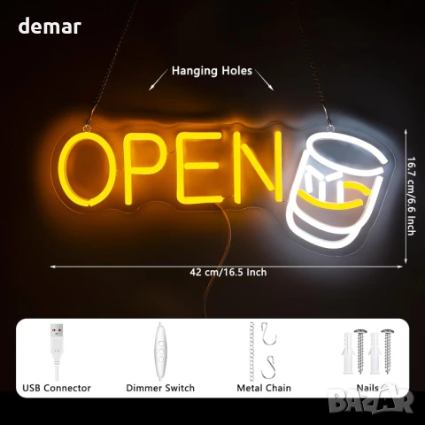 YSUIEC Whiskey Open LED неонова табела, димируема, USB захранване, снимка 2 - Лед осветление - 51373797